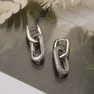 NWTs Silver Tone Double Oval Hoop Earring - Rhinestone encrusted bottom ov…